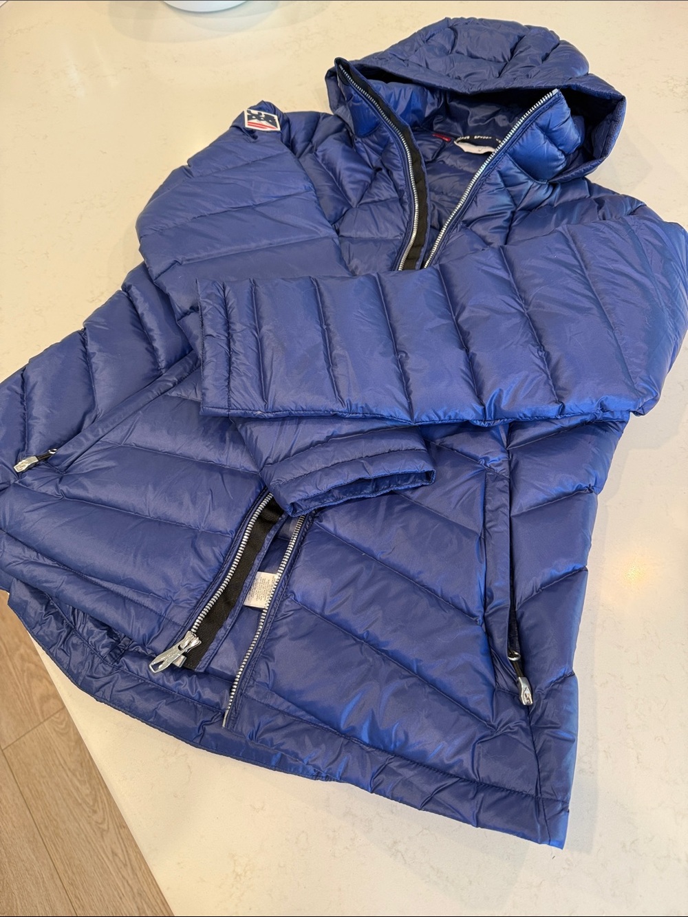 Spyder US SKI TEAM Official Jacket-Navy Blue Down Quilted Hooded Puffer Jacket-L
